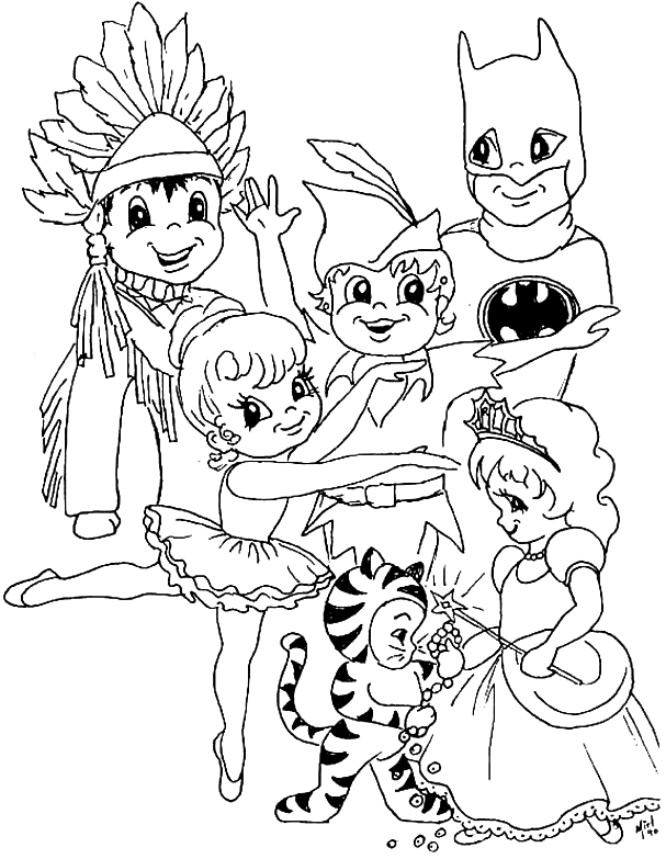 coloriage fete de mardi gras des enfants en costume deguises